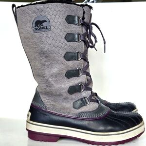 Sorel Shoes Women 8 Gray Purple Boot Tall Shaft Lace Snow Winter Rain Resistant